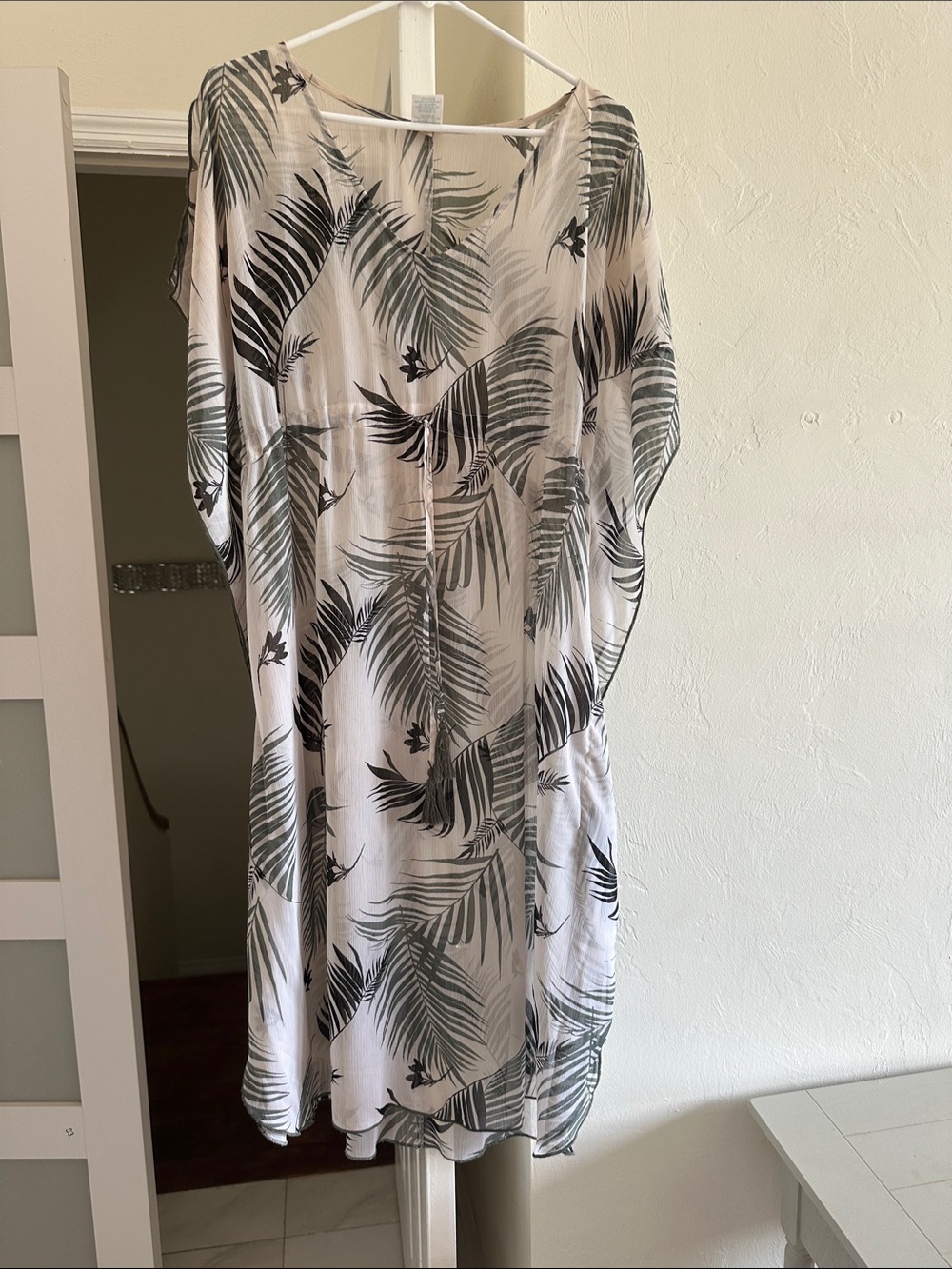 Kona Sol White Dress with Olive Palm Leaf Print